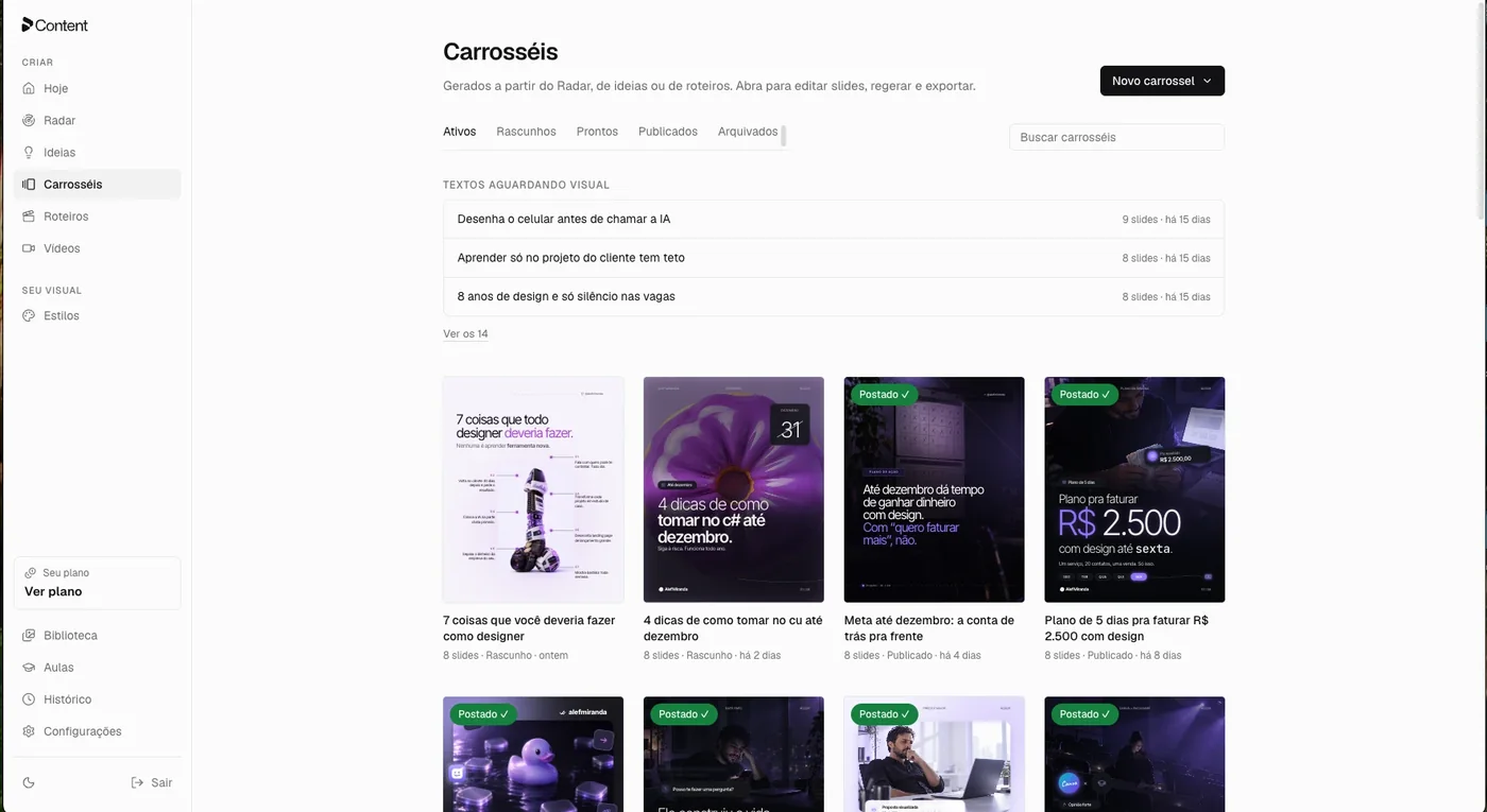 Tela de carrosséis do Content, com os carrosséis criados e publicados